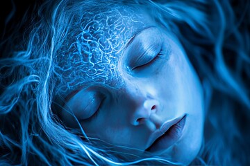 Poster - Dreamlike close up of a woman with intricate patterns glowing on her face symbolizing the subconscious mind and the ethereal beauty of nocturnal thoughts