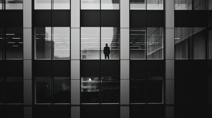 Poster - Silhouette of a Man in a Window of a Modern Office Building