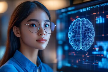 Wall Mural - Portrait of a young woman in glasses working on a digital brain model symbolizing the modern approach to cognitive science and the intersection of technology and intellect