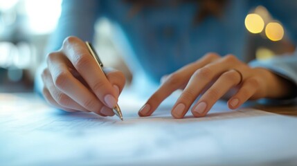 Poster - Close-up of a hand holding a pen and writing on a white piece of paper.