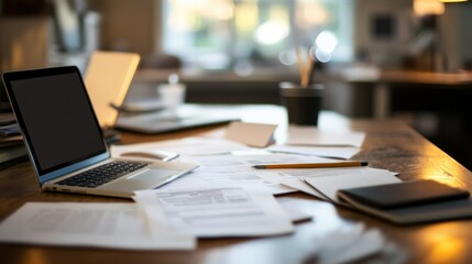 Aufkleber - Laptop, Paperwork, and Pencil on a Wooden Desk