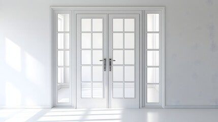 Wall Mural - 11. **A chic French door with glass panels and elegant hinges, rendered on a pristine white background.