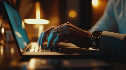 Poster - Close-up of Man's Hands Typing on a Laptop in Dimly Lit Room