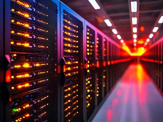 A high-tech data center featuring illuminated server racks in a modern facility, showcasing advanced technology and connectivity.