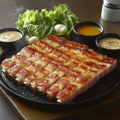 Wall Mural - Mouthwatering Grilled Pork Belly with Assorted Dipping Sauces and Fresh Lettuce for Wraps Perfect for a Sumptuous Korean BBQ Meal