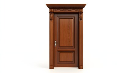 64. **A classic wooden door with a smooth surface and decorative trim, isolated on a pristine white background.