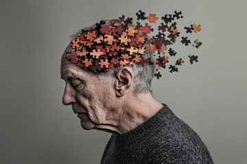 Poster - Side profile of an elderly man with puzzle pieces dispersing from his head symbolizing memory loss aging and the slow erosion of thoughts over time