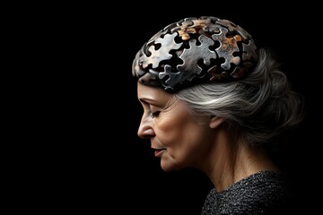 Sticker - Profile of an elderly woman with puzzle pieces missing from her head representing the gradual loss of memory and identity in the aging process