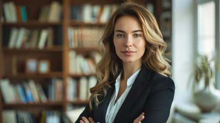 Wall Mural - Professional portrait of a business woman, casual attire with a creative twist, office background. Startup and small business entrepreneur with happiness and business growth feeling working success