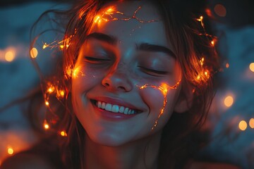 Sticker - Close up of a woman with glowing neural patterns on her face symbolizing the joyful expression of creativity and the radiant energy of the mind in a warm dynamic setting