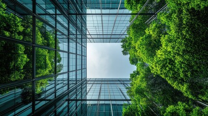 Poster - Glass Building Facade Reflecting Lush Green Trees and Sky