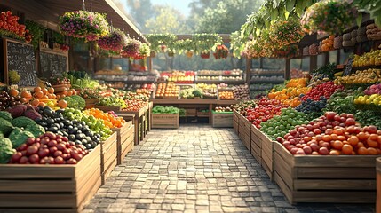 Wall Mural - Organic vegetable market, stalls full of fresh produce, 3D illustration