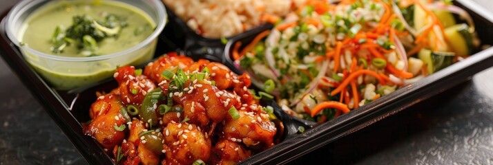 Poster - Boxed Meal Featuring Chicken Fried Rice, Vegetable Salad, and Coriander Ginger Dip