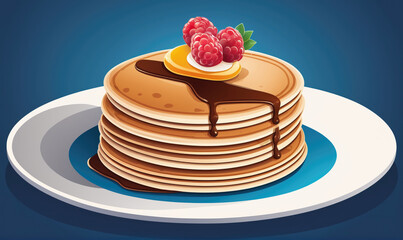 Wall Mural - A stack of pancakes topped with chocolate sauce, raspberries, and a slice of orange on a white plate