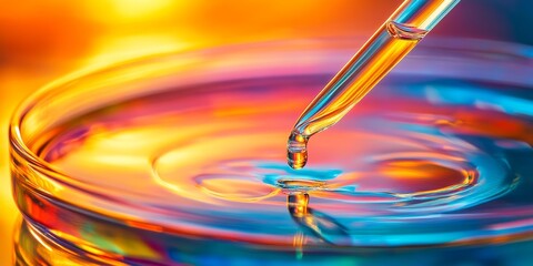 Wall Mural - a precise dropper releasing liquid into a petri dish, vibrant colors under the microscope, highlight
