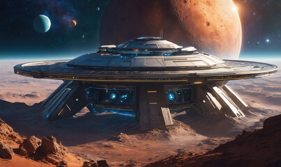 Wall Mural - A spaceship lands on a red planet, with a large, orange moon in the background