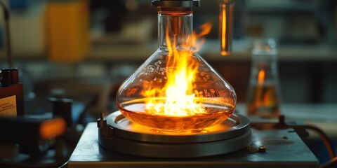 Wall Mural - a bunsen burner flame heating a round-bottom flask, with the orange glow illuminating the setup