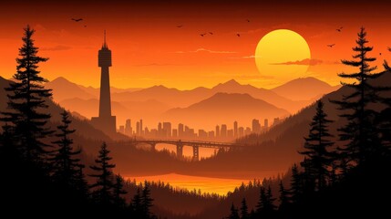 Sticker - Beautiful Sunset Over Cityscape with Tower and Bridge, Framed by Forest Silhouette and Mountains in the Background