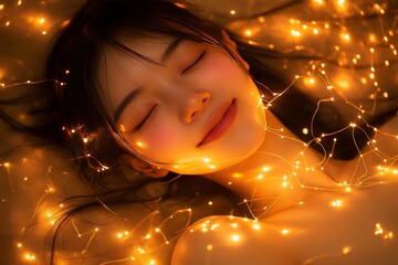 Wall Mural - Peaceful Woman Resting Amidst a Field of Glowing Lights Symbolizing Tranquility Serenity and the Soothing Energy of Nature