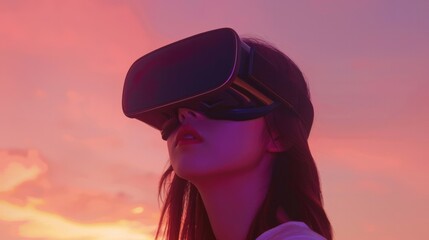 Aufkleber - Young woman wearing VR glasses, immersed in a virtual reality experience with a dreamy sky backdrop.