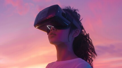 Aufkleber - Young woman wearing sleek black VR glasses set against a dreamy pastel-hued sky, encapsulating the immersive experience of virtual reality.