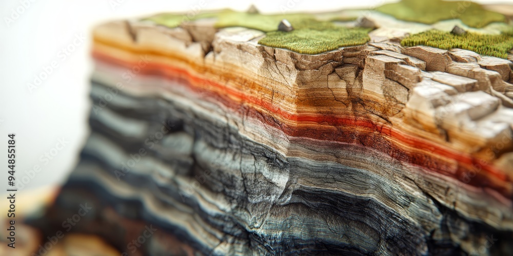a geological cross-section, with stratigraphic layers and fault lines ...