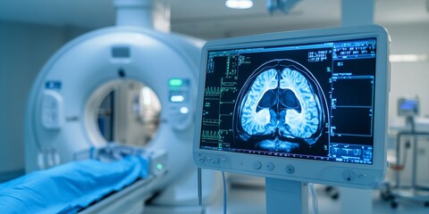 Wall Mural - detailed view of an mri scan being analyzed on a digital monitor, with surrounding medical equipment