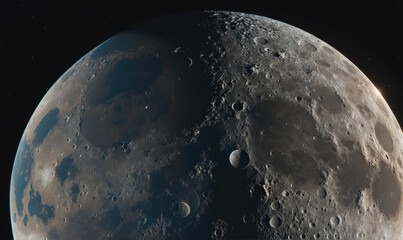 Wall Mural - a close-up view of the moon, revealing its craters and shadows, against a backdrop of a deep, starry