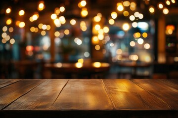 image of wooden table in front of abstract blurred background of resturant lights , ai