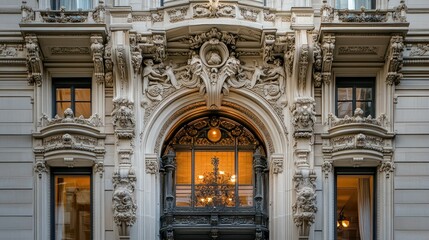 Poster - Ornate Architectural Detail of a Building Facade with Ornate Window and a Glimmer of Light Inside