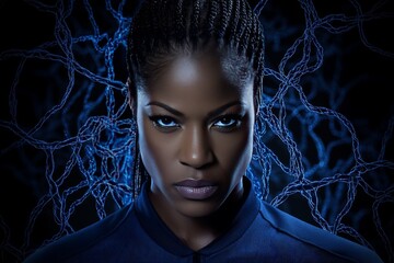 Poster - Focused woman with deep blue lighting and neural connections representing the dynamic relationship between technology and human cognition