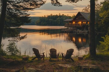 Wall Mural - A lake with a cabin in the background