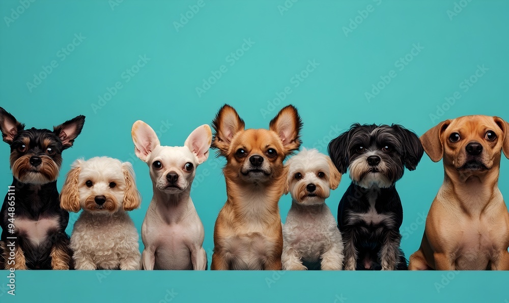 Diverse collection of various dog breeds and sizes on a baby blue ...
