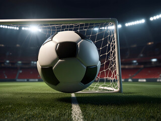 3d rendering soccer ball in goal. soccer ball in net with spotlight  light background Ai generative.