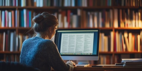 Wall Mural - a scholar writing a dissertation, with references and citations meticulously organized on the screen