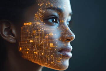 Sticker - Portrait of a Womans Face Merging with Shimmering Digital Data and Light Illustrating the Integration of Human Consciousness with Technology in the Age of Artificial Intelligence