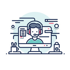 Poster - Illustration of a virtual customer service agent wearing a headset on a computer screen with communication icons.