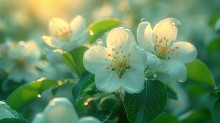 Wall Mural - A close-up shot of white blossoms bathed in the warm golden light of the morning sun.