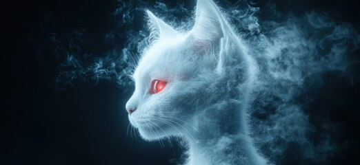 Wall Mural - Mystical white cat with glowing red eyes in smoky atmosphere