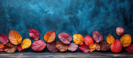 Wall Mural - A close-up of colorful autumn leaves arranged in a border on a blue background.