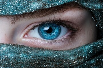 Wall Mural - Closeup of a mesmerizing blue eye surrounded by glittering crystals