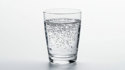Poster - A clear glass of water with droplets on its surface, set against a pure white background, capturing the simplicity and freshness of hydration.