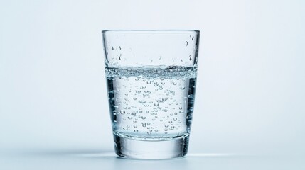 Poster - A clear glass of water with droplets on its surface, set against a pure white background, capturing the simplicity and freshness of hydration.