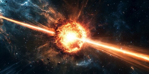 Poster - a gamma-ray burst, with intense beams of energy shooting out from a distant galaxy, showcasing the power of cosmic events