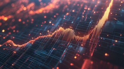 Poster - a close-up of a 3d financial graph with rotating elements and interactive data points, set against a