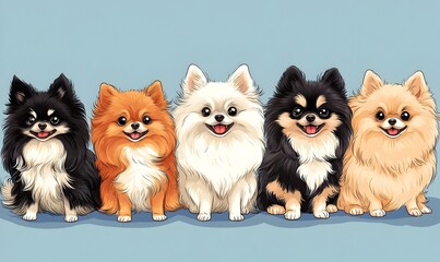 Cheerful Pomeranian Pack in Serene Periwinkle Backdrop  Cartoon Style