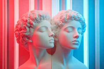 Poster - Dual Stone Statues in Red and Blue Lighting Depicting the Duality of Human Thought and Emotional Depth