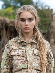 Wall Mural - young woman in military camouflage uniform