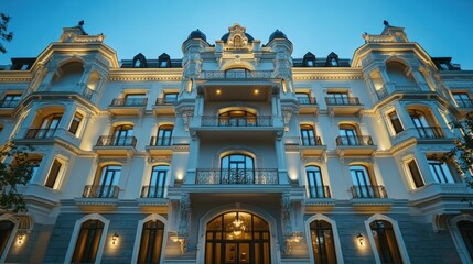 Poster - Ornate European Building with Illuminated Windows and Balconies at Dusk