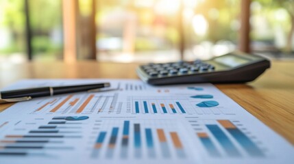 Fototapete - a close-up of a financial report with graphs and charts, showing trends and analysis, laid out on a 